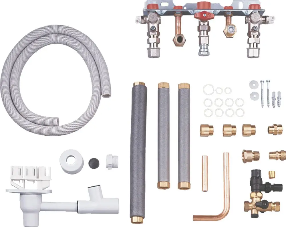 Bosch Installationszubehör, bestehend aus verschiedenen Rohrleitungen, Ventilen, Anschlüssen und Schrauben, zur Nutzung bei Heizungsinstallationen.